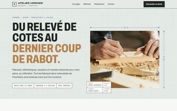 Page d’accueil de la maquette de site internet pour un menuisier-ébéniste, Atelier Vernier