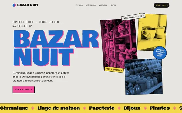 Page d’accueil de la maquette de site internet pour un concept store, Bazar Nuit
