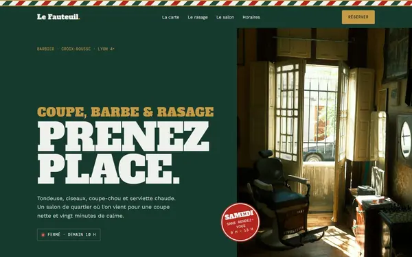 Page d’accueil de la maquette de site internet pour un barbier, Le Fauteuil