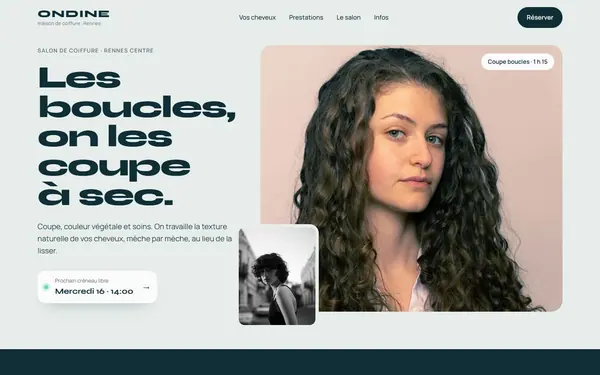 Page d’accueil de la maquette de site internet pour un salon de coiffure, Maison Ondine