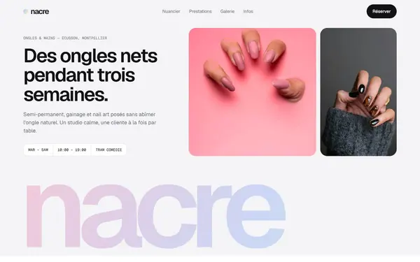 Page d’accueil de la maquette de site internet pour une onglerie, nacre
