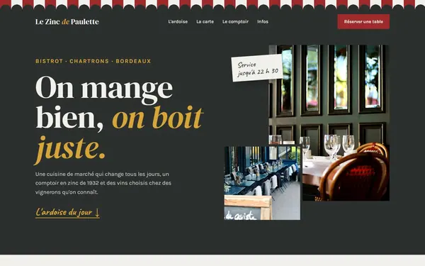 Page d’accueil de la maquette de site internet pour un bistrot, Le Zinc de Paulette